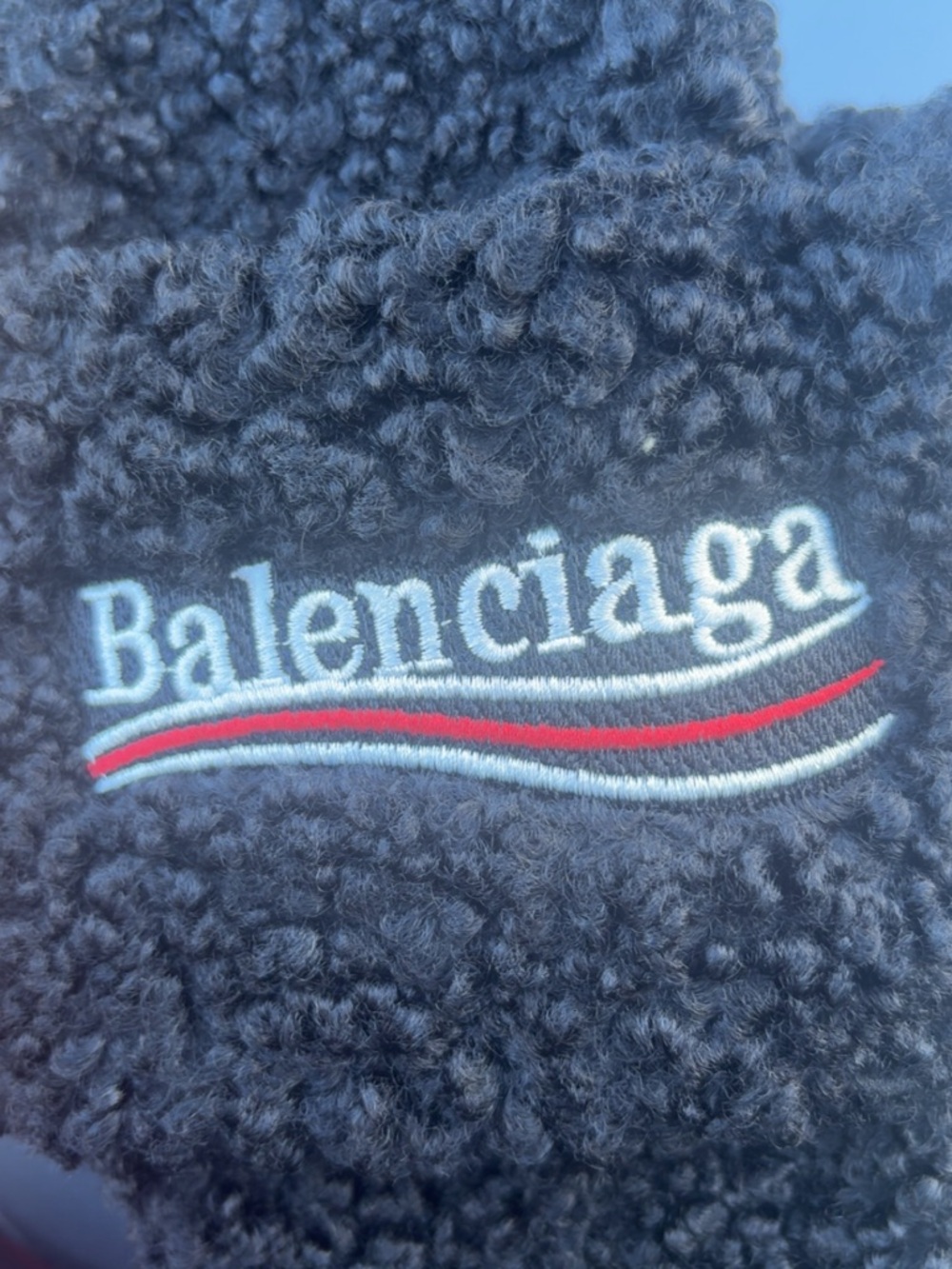 Balenciaga Black Teddy Shearling Slides with Red & White Stripe Logo - Picture 4 of 4